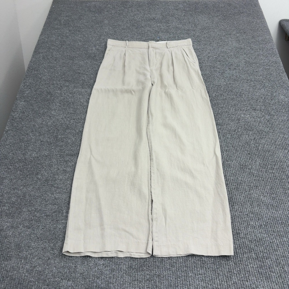 Mango Pants Womens 7 Beige Linen Pleated Wide Leg Minimalist Casual Summer